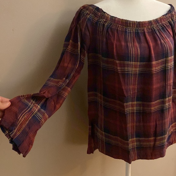 Anthropologie Cloth and Stone Homestead Plaid Off The Shoulder Top - Picture 2 of 14